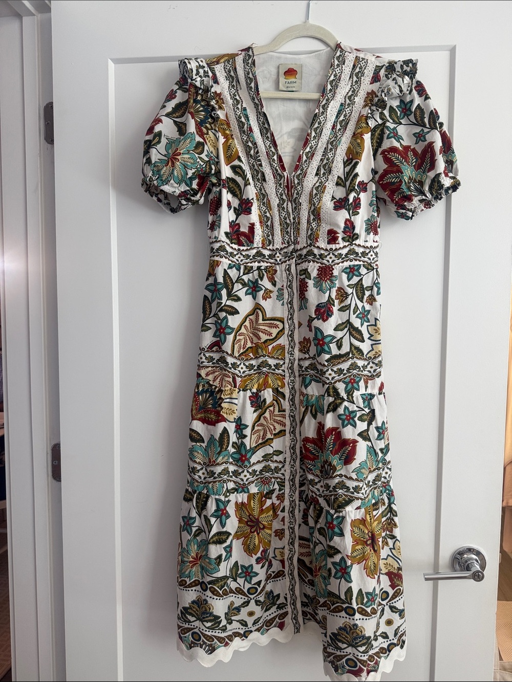 FARM Rio White Midi Dress with Red, Teal, Mustard & Green Floral Print